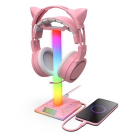RGB Gaming Headset Stand, Professional Stylish Cool USB Port Headphone Holder with 10 Lighting Modes, Suitable for Desk Display and All Earphone Accessories