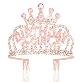 Wecoe Rose Gold Birthday Girl Crown Rhinestone Tiara Happy Birthday Party Favors Pink Birthday Decorations 16th 18th 21st 25th Birthday Gifts for Her