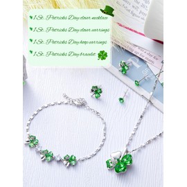 Sasylvia 4 Pieces St. Patrick's Day Rhinestone Jewelry Set for Women Lucky Four Leaf Clover Necklace Bracelet 2 Green St. Patrick's Day Shamrock Stud Earrings for Irish Party Accessories Gifts