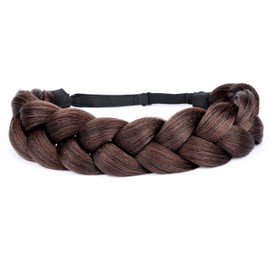 BOBIYA Afro Thick Yaki Straight Wide 2 Strands Synthetic Braided Headband Kinky Straight Plait Hair Band (Dark Burgundy Brown)