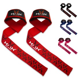 HMH Sports Weight Lifting Straps Fitness Padded Cotton Wrist Support Gel Advanced Grips Dumbbell Bar Wraps Heavy Duty Gym Bodybuilding Straps Power Deadlift Barbells Non Slip Exercise (Red)
