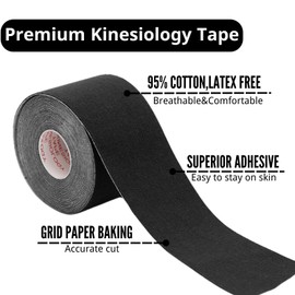 Kinesiology Tape 5CM*5M, Cotton Elastic Athletic Tape Uncut, JOMWEN Latex Free, Water Resistant Rock Tape KT Tape for Muscles, Physical Therapy，Stays on for Several Days (Black)