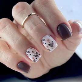 Fall Extra Short Press on Nails Square Shaped Fake Nails Flowers Designs Glossy Reusable False Nails Full Cover Acrylic Nails Small Stick on Nails with Glue for Women Nail Art DIY 12 Sizes