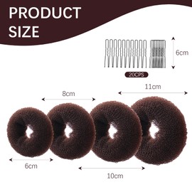 4 Pcs Ring Style Donut Bun Shaper, Hair Donut Bun Maker Set with 20 HairPins, Hair BunDonuts, Hair Donuts Brown for Girls Kids Women DIY Chignon HairStyles (Brown,4 Sizes)
