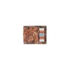 3D Belt Bifold Wallet Hand Tooled Scroll Embroidered Inlay, Brown