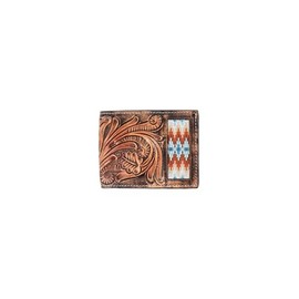 3D Belt Bifold Wallet Hand Tooled Scroll Embroidered Inlay, Brown