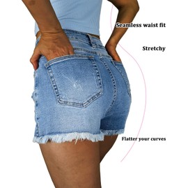 FEELNINE Jean Shorts Women High Waisted Ripped Frayed Raw Hem Summer Denim Shorts Blue M