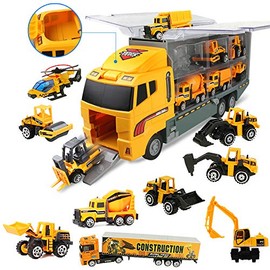 Coolplay Construction Vehicles Kids Truck Toy Transport Diggers and Dumpers Car Set with 11 Little Cars and 1 Large Carrier Truck for Toddlers Kids Children Boys and Girls