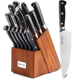 KEEMAKE Knife Block Set, 15Pcs High Carbon Stainless Steel Kitchen Knife Set with Block, Ultra Sharp Knives Set for Kitchen with Knife Sharpener Kitchen Scissors, Forged Chef Knife Set