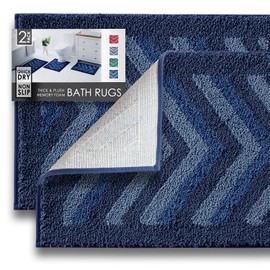Hearth & Harbor Bathroom Rugs, Shaggy Plush Bath Mat, Ultra Soft Non Slip Backing Rubber, Chevron Design Bath Rug, Blue, 2 Piece Set