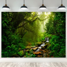 Fmarui Tropical Jungle Backdrop Rain Forest Evergreen Forest Small Waterfall Photography Background Birthday Party Decoration Photo Booth Banner, 8X6FT