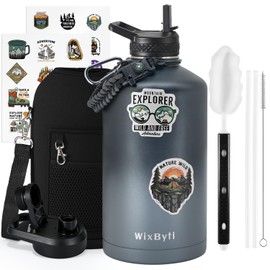 WixByti One Gallon Water Bottle Insulated with DIY Stickers, Triple Wall Vacuum Cold for 48 Hrs Leak-proof Non-BPA, 128oz Large Sports Stainless Steel Water Jug with Paracord Handle Straw Spout Lids