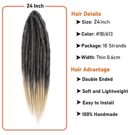 BRUNNACE Dreadlock Extensions 24inch Soft Crochet DE Dreads Reggae Style Synthetic Braiding Hair 10 Strands Handmade 0.6 cm Width Loc Extensions (24inch, 1B/613)
