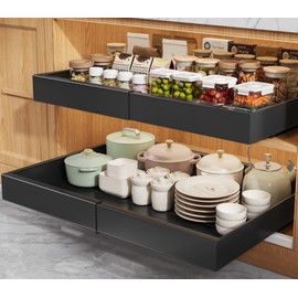 Seinloes 2 Pack Pull Out Cabinet Organizers 21"Deep With Raising Pad for Framed Cabinets,Expandable Slide Out Drawers Upgrade 3 Slide Rails,Roll Out Shelves Adhesive,Adjustable Width 15.2"-26.3" Black