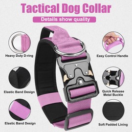AKOFIC Tactical Dog Collar with Handle, Wide Dog Collar Padded Made of Nylon, Adjustable Robust Dog Collar with Metal Buckle for Medium Large Dogs (Purple, L)