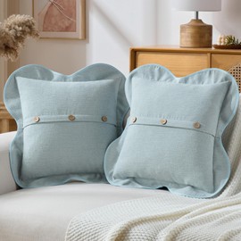 Pack of 2 Chenille Buttons Throw Pillow Covers 18x18 Inch Four-Leaf Clover Shape Scalloped Bordered Decorative Cushion Case Farmhouse Accent for Couch Living Room, Dusty Blue