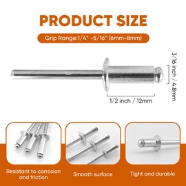 ALLCLEAN 155 Pcs 3/16" x 1/2" Aluminum Blind Rivets,4.8 x 12mm Pop Rivets,Aluminum Grip and Steel Mandrel