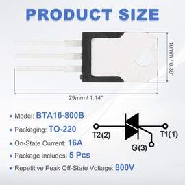sourcing map 5 Pcs Bidirectional Thyristor BTA16-800B TO-220 800V 16A Rail Silicon Controlled Rectifiers for Electronic Instruments Smart Home Appliances Drones