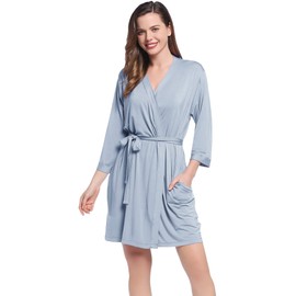 Amorbella Thin Bamboo Viscose Robe for Women Super Soft Light Weight 3/4 Sleeve Viscose Short House Coat (Dusty Blue, X-Large)