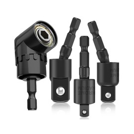 Bates- Flexible Drill Bit Extension Set with Right Angle Drill Attachment, 4 pcs, 360° Rotatable 1/2" 1/4" 3/8" Impact Socket Adapter Set, 105 Degree Right Angle Drill Adapter