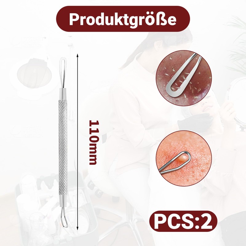 Diffaxy 2-teiliges Pickel Werkzeug, rutschfestes Gewinde, Edelstahl-Mittesserentfernerfür Hautunreinheiten, Akne und