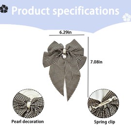 Brown Checkered Hair Accessories for Women Girls Pearl Bow Hair Clip with Long Ribbon Hair Bows Clips for Teen Girls Women Extra Large Checkered Hair Clip Barrettes for Women Bowknot Hair Clips Summer