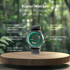 Raptor Yava Men's Watch Leather Pin Buckle Date Analogue Quartz Gift Father's Day Birthday Christmas, black green, Classic