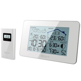 Miraval Wireless Weather Station with Outdoor Sensor Date Display Moon Phase Sunrise Indoor & Outdoor Humidity 2 Alarms with Light Weather Trend Large Display Modern (White)