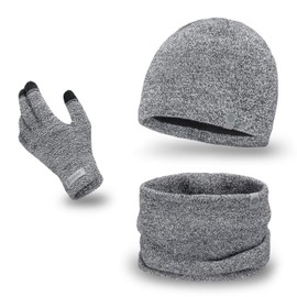 PaMaMi Men's Winter Set 3 Pieces (Gloves, Hat, Loop Scarf), 100% Acrylic, Gloves with Touch Screen Function, Breathable Hat and Warm Loop Scarf in Knitted Look in 5 Colours
