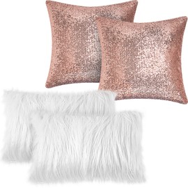 Irenare 4 Pcs Sequin & Faux Fur Pillow Covers Set for Home Decor (Rose Gold, White, Square, 18 x 18 Inch, 12 x 20 Inch)