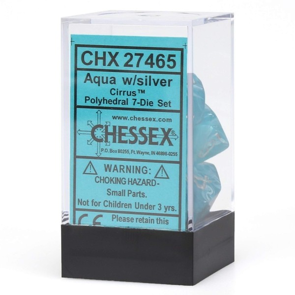 Chessex DND Dice Set-Chessex D&D Dice-16mm Cirrus Aqua and Silver Plastic Polyhedral Dice Set-Dungeons and Dragons Dice ludes 7 Dice - D4 D6 D8 D10 D12 D20 D%, Various (CHX27465)