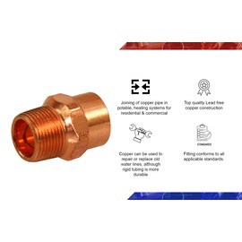 Supply Giant DDNA0120-5 Male Adapter Reducing Fitting Sweat x MIP Connections, 1/2 X 1/4, Copper