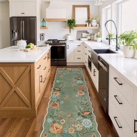 Lahome Floral Washable Runner Rug, 2'6''x8' Soft Hallway Runner Rug Non Slip, Boho Ultra-Thin Kitchen Runners for Hallways with Rubber Backing Carpet for Laundry Bedroom Bathroom(Green)