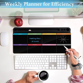 DOLLAR BOSS Glass Desk Whiteboard Calendar Small Dry Erase Board Desktop White Board with Storage Drawer Computer Keyboard Stand Desk Organizer, Colorful Weekly Calendar, Black