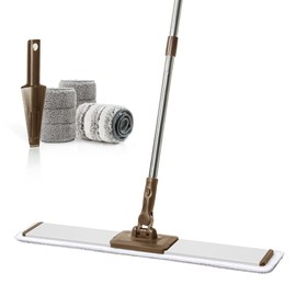 CQT Commercial Flat Microfiber Floor Mop Cleaning System 24" Inch Wet Dry and Dust Hardwood with 4 Washable Pads Cleaner for Laminate Tile Stainless Steel Handle and Extension (PT14 Brown)