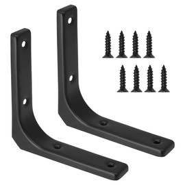 Hordion 2pcs Wall Shelf Brackets 4 Inch, Heavy Duty L Bracket Right Angle Brackets Steel Corner Brace with Screws for Wood Shelves Cabinets, Black