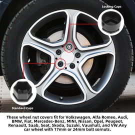Yuio 20pcs Wheel Nut Covers, 17mm Universal Fit for Most Car Models Wheel Bolt Covers, Including 16 Standard Ones 4 Locking Ones and Removal Tool