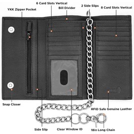 Long Trifold Chain Wallet for Men Geniune Leather Checkbook Cover, RFID Blocking chain wallet Card Slots, Zipper Coin Pocket - Biker Stainless Chain Design in the U.S.A J212C Black