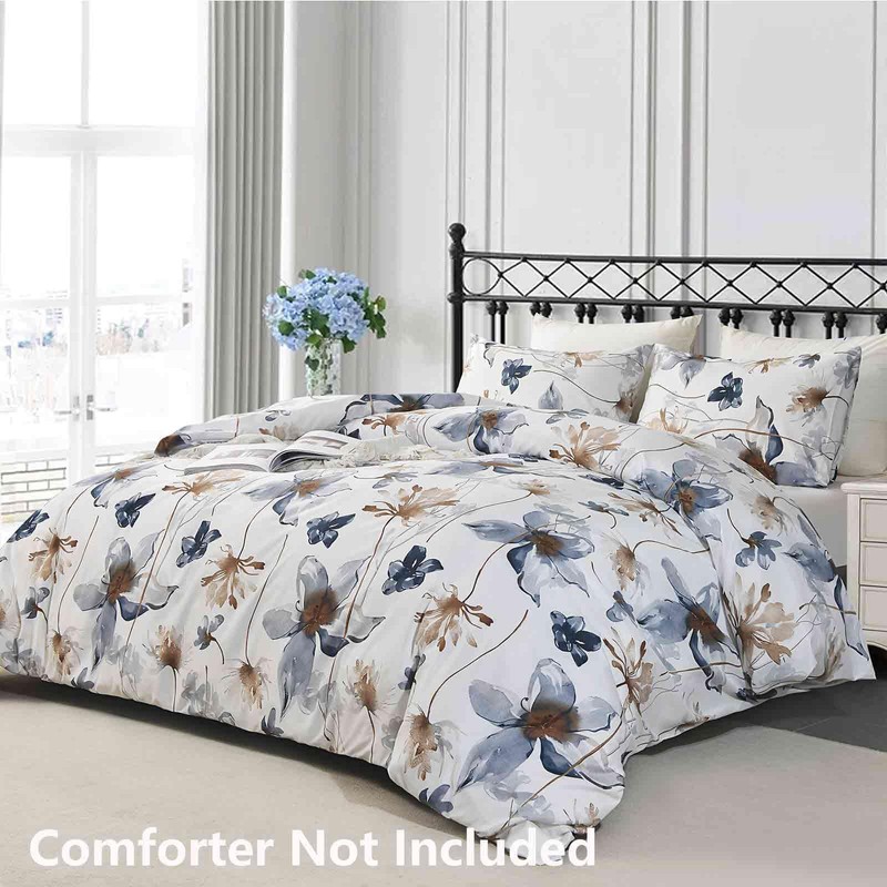 Nanko Blue Floral Duvet Cover Set King Size, Beige Tan
