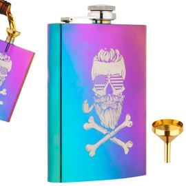 TOCCOOL 8oz Skull Design Stainless Steel Hip Flask with Gold Funnel, Rainbow Electroplated Pocket Flask for Drinks and Outdoors (Multicolor)