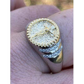 Men's Christian Ring - Solid 925 Sterling Silver & 14k Yellow Gold Coin Ring - Plain Jesus On Cross Mens Nugget Ring - Sizes 6-13 (10)