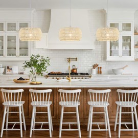 OCWHT Rattan Pendant Light Fixture Basket Hanging Drum Chandelier Basket Light White Boho Ceiling Light Flush Mount Ceiling Light Woven Kitchen Chandelier for Dinning Room Hallway Bedroom Chandelier