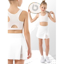 GroYolan Girls' Tennis Skirt High Waist Sports Skirt Golf Skorts Breathable Mesh Trouser Skirt Girls A-line Golf Skirt with Inner Shorts, White