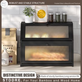 STDDRE Bread Box for Kitchen Countertop Bin Double Layer Bread Box Storage Container Extra Large Capacity Farmhouse Bread Box with Diamond Pattern Windows(Bamboo Black)