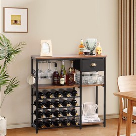 KATHY&BOB Freestanding Floor Wood Wine Bar Rack Cabinet, Morden 5-Tier Wine Storage Shelf with Countertop, Coffee Bar with 20-Bottle Stackable Wine Glass Holder for Home Bar Kitchen Dining