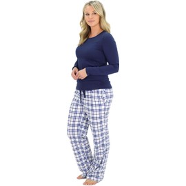 Cherokee Women's Pajama Set, Long Sleeve Cotton Top & Micro Fleece Pants, Soft & Cozy Loungewear, Navy/White Plaid, Large