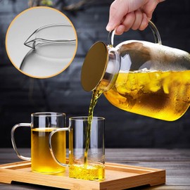 2L Glass Water Pitcher with Stainless Steel Filter Lid, High Borosilicate Glass Jug, Bird Beak Spout, Rotating Lid with Large & Small Holes, Glass Handle for Iced Tea, Juice, and More