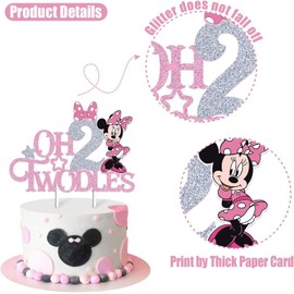 Mouse Oh Twodles Cake Topper for Girls, Pink Glitter Mouse Second 2nd Birthday Cake Topper with Pink Bows for Girls Birthday Party Decorations Supplies, Silver&pink