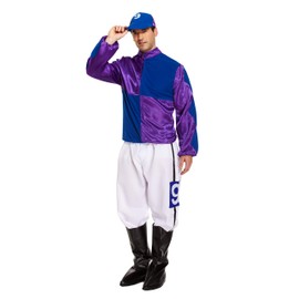 HENBRANDT Adult Men’s Blue and Purple Horse Jockey Outfit with Peaked Hat and Boot Covers Sports Fancy Dress Costume Racing Jockey Dress Up Outfit One Size Mens Fancy Dress Costume
