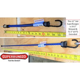 Bungee Cord - SuperBungee Cord 12-inch (18" incl hooks) Stretches to 6ft with Steel-Core Non-Scratch Hooks